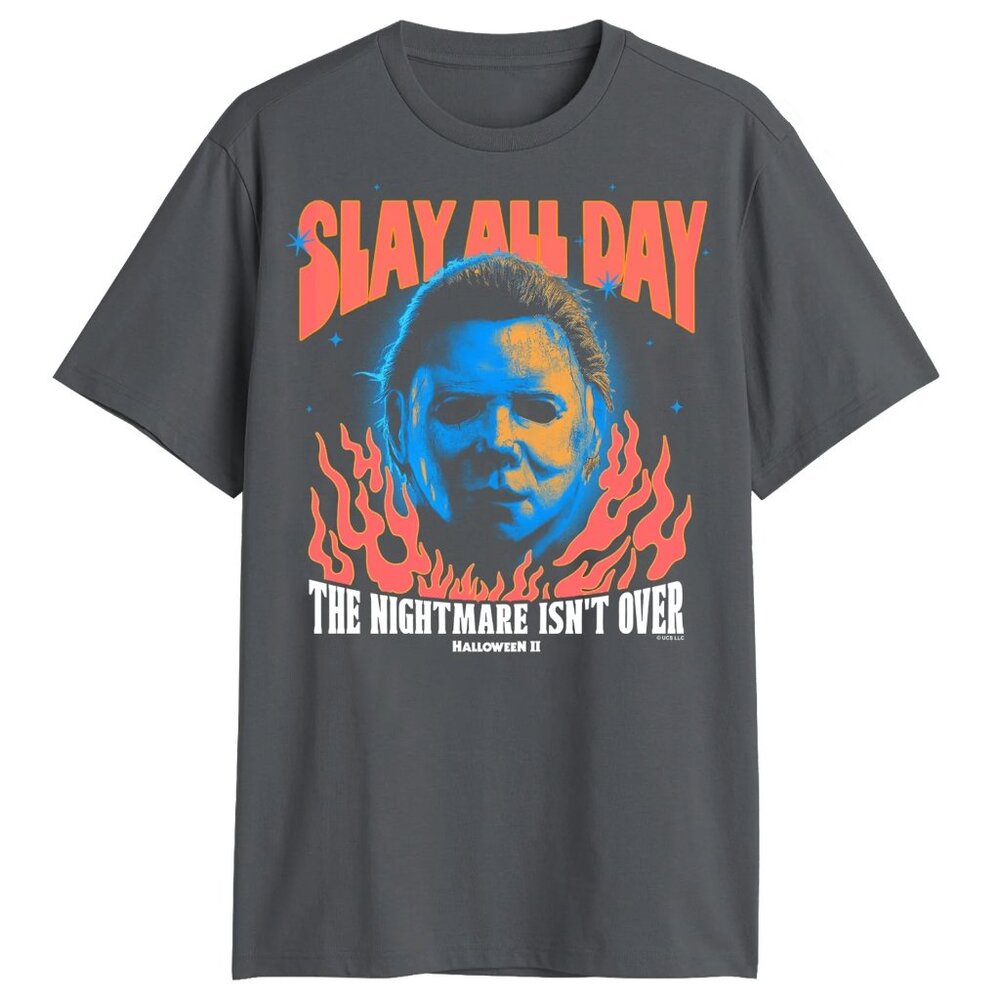 NEW MEN'S RETRO HALLOWEEN II SLAY ALL DAY GRAY GRAPHIC T-SHIRT MENS SIZE 3XL
